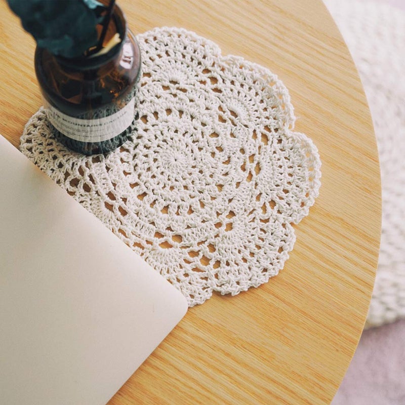 Phantomon 8 Inch Doilies Crochet Round Lace Doily Handmade Placemats 100% Cotton Crocheted Coasters, Pack of 4 (Beige) - Image 5